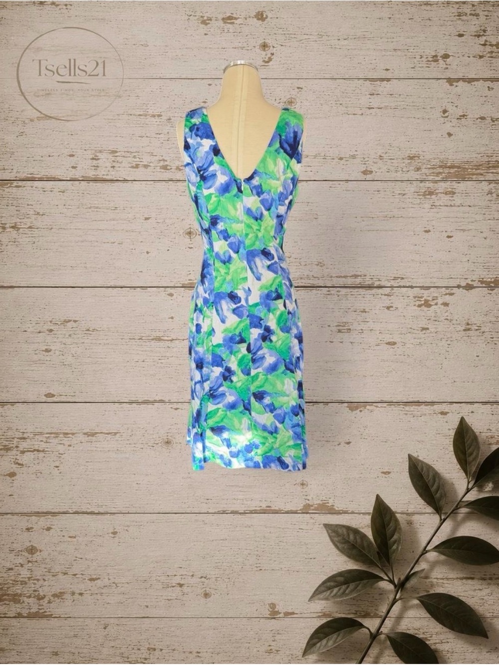 Chaps 98% Cotton Blue/Green Watercolor Floral Midi Dress - Picture 5 of 8